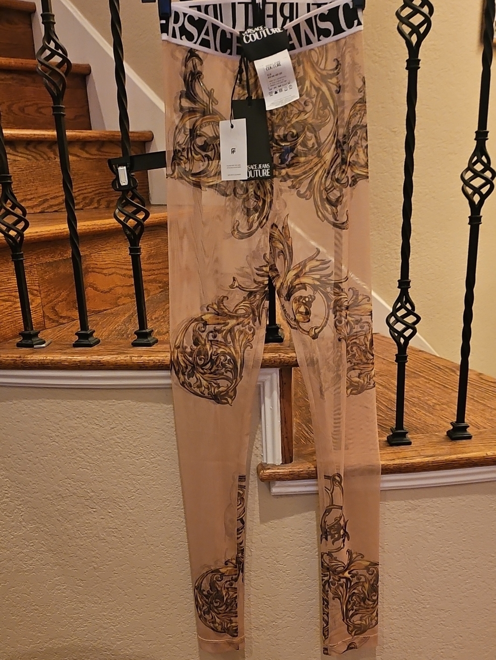 Versace Jeans Collection Sheer Nude Leggings with Baroque Print NWT